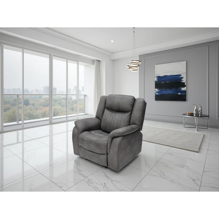 Leon Grey Electric Recliner Armchair – Fabric Reclining Chair with USB, Cup Holders & Drop Down Table