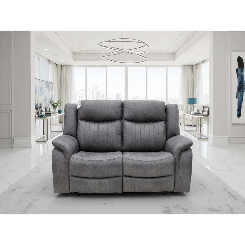 Leon Grey Electric Recliner Sofa 2 Seater – Fabric Reclining Sofa with USB, Cup Holders & Drop Down Table