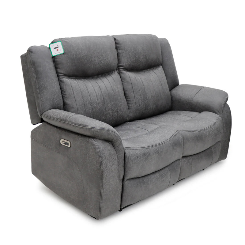 Leon Grey Electric Recliner Sofa 2 Seater – Fabric Reclining Sofa with USB, Cup Holders & Drop Down Table