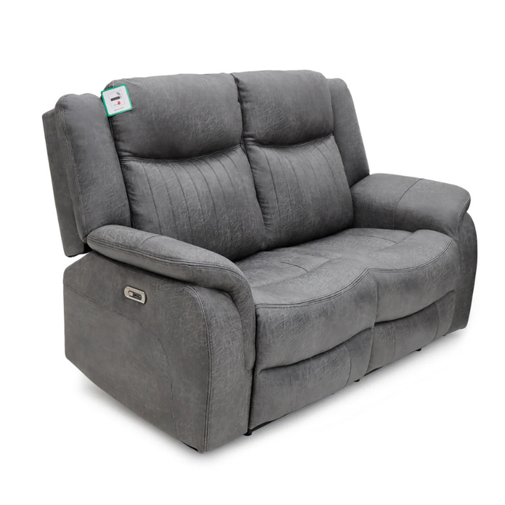 Leon Grey Electric Recliner Sofa 2 Seater – Fabric Reclining Sofa with USB, Cup Holders & Drop Down Table