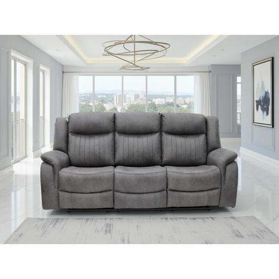 Leon Grey Electric Recliner Sofa 3 Seater – Fabric Reclining Sofa with USB, Cup Holders & Drop Down Table