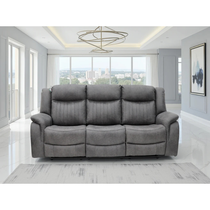 Leon Grey Electric Recliner Sofa 3 Seater – Fabric Reclining Sofa with USB, Cup Holders & Drop Down Table