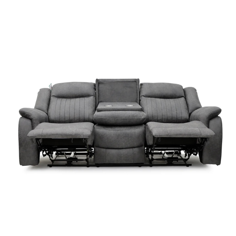 Leon Grey Electric Recliner Sofa 3 Seater – Fabric Reclining Sofa with USB, Cup Holders & Drop Down Table