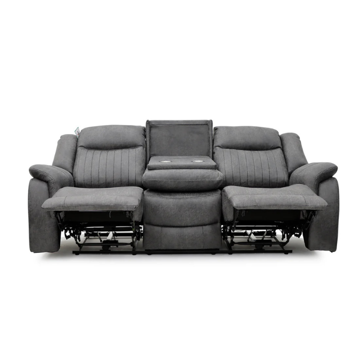 Leon Grey Electric Recliner Sofa 3 Seater – Fabric Reclining Sofa with USB, Cup Holders & Drop Down Table