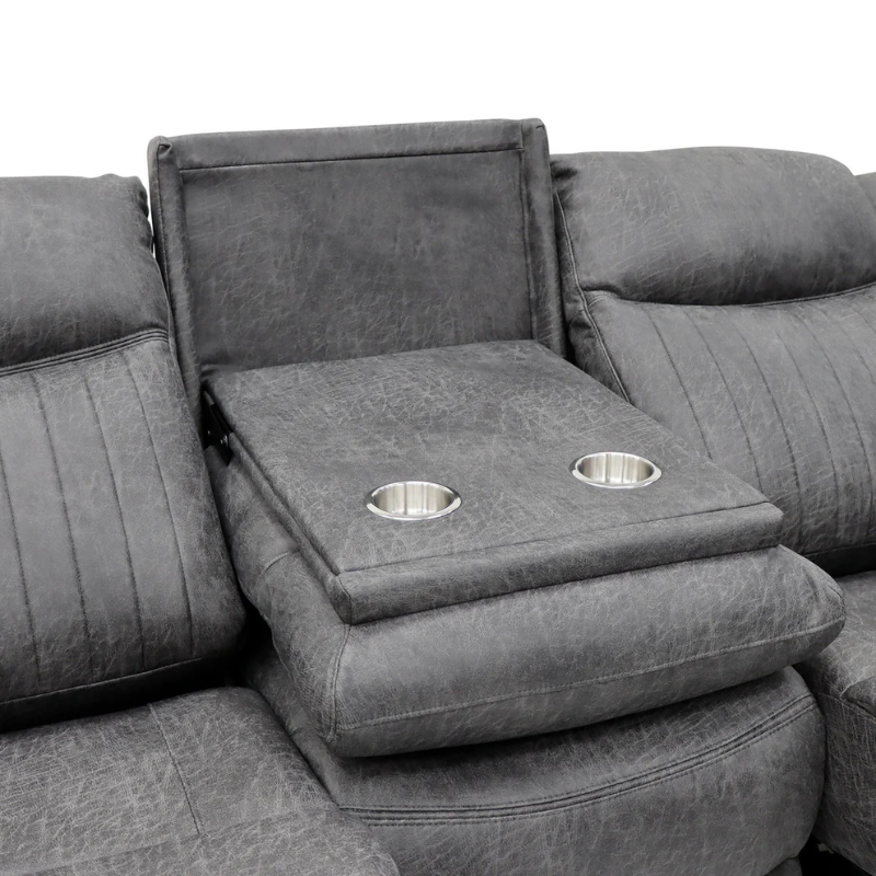Leon Grey Electric Recliner Sofa 3 Seater – Fabric Reclining Sofa with USB, Cup Holders & Drop Down Table