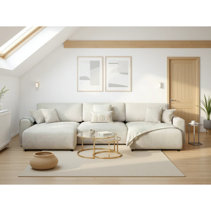 Luma Beige U Shape Sofa Bed – Large Corner Sofa with Storage & Pull Out Bed