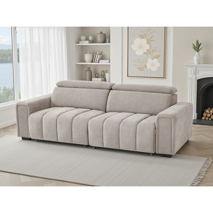 Molly Beige Electric Sofa Bed 3 Seater – Fabric Recliner Sofa with Power Sliding Seats & Adjustable Headrests