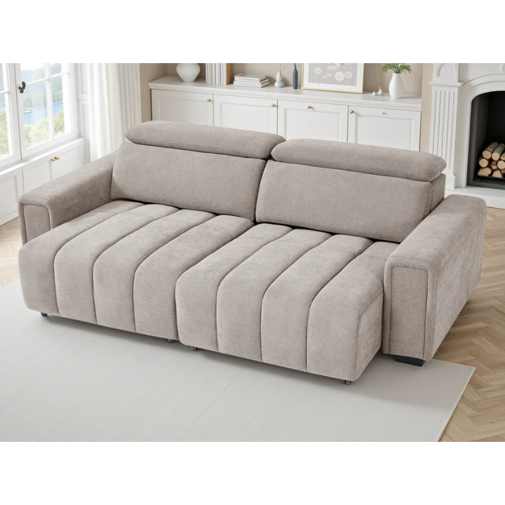 Molly Beige Electric Sofa Bed 3 Seater – Fabric Recliner Sofa with Power Sliding Seats & Adjustable Headrests