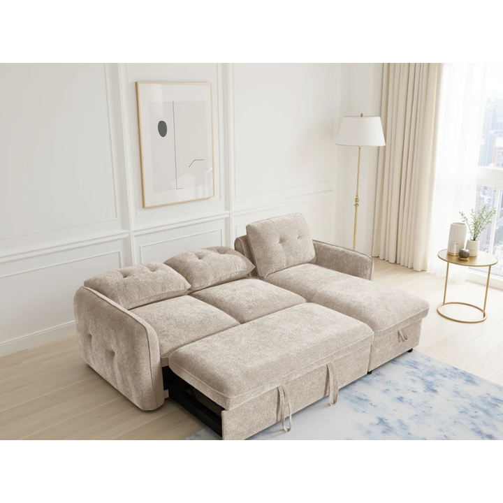 Moscow Beige Corner Sofa Bed – Universal Fabric Sofa with Storage & Pull Out Bed