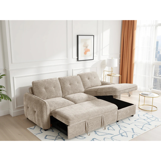 Moscow Beige Corner Sofa Bed – Universal Fabric Sofa with Storage & Pull Out Bed