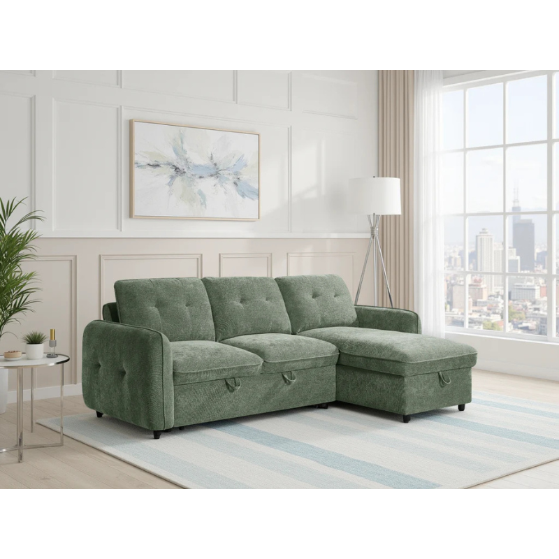Moscow Green Corner Sofa Bed – Universal Fabric Sofa with Storage & Pull Out Bed