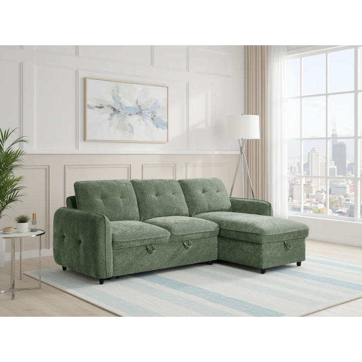 Moscow Green Corner Sofa Bed – Universal Fabric Sofa with Storage & Pull Out Bed