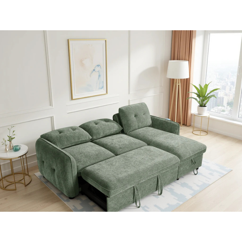 Moscow Green Corner Sofa Bed – Universal Fabric Sofa with Storage & Pull Out Bed