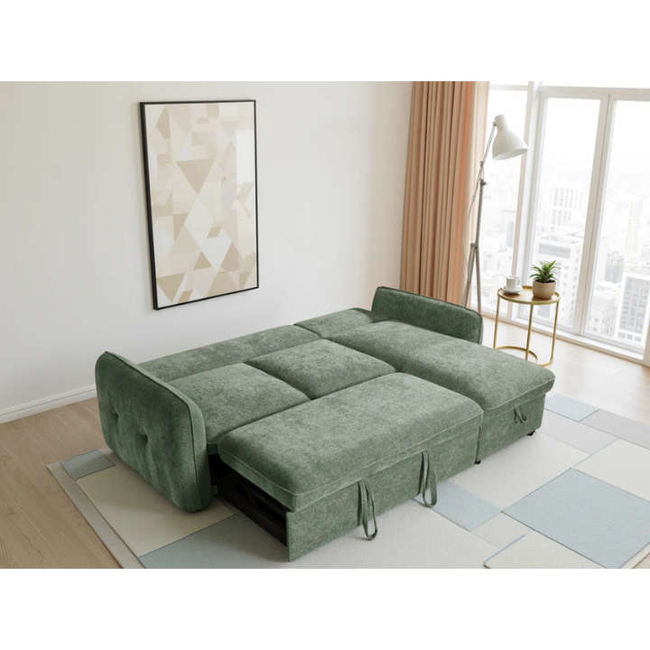 Moscow Green Corner Sofa Bed – Universal Fabric Sofa with Storage & Pull Out Bed