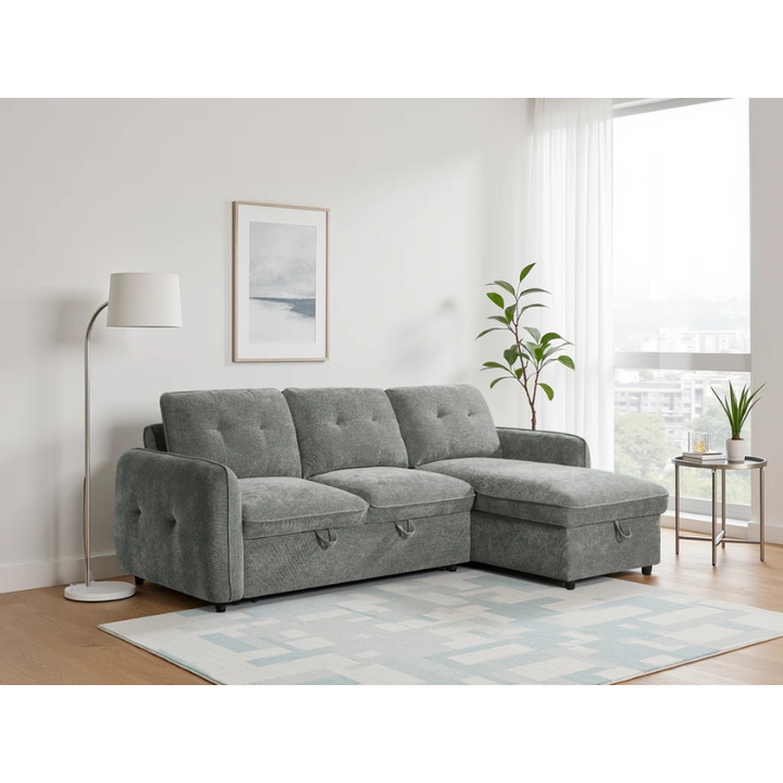 Moscow Grey Corner Sofa Bed – Universal Fabric Sofa with Storage & Pull Out Bed