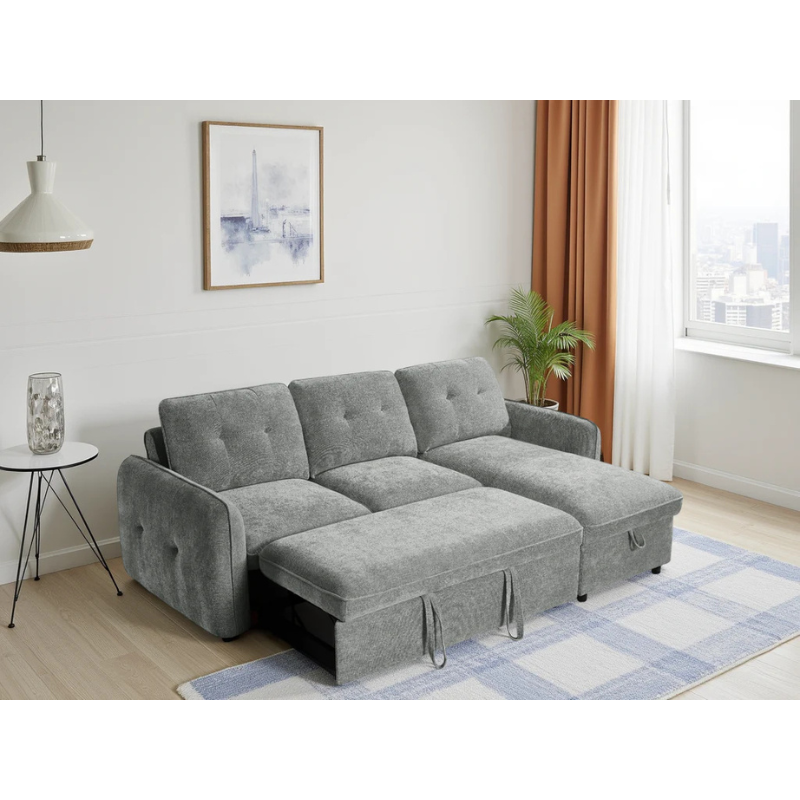 Moscow Grey Corner Sofa Bed – Universal Fabric Sofa with Storage & Pull Out Bed