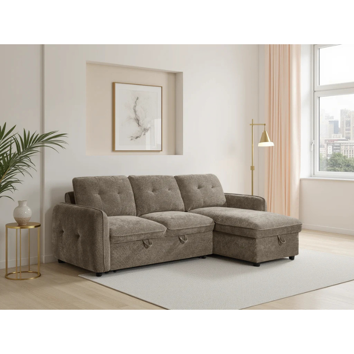 Moscow Brown Corner Sofa Bed – Universal Fabric Sofa with Storage & Pull Out Bed
