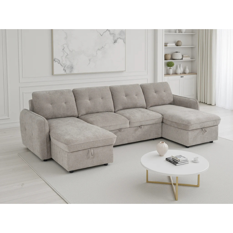Moscow Beige U Shape Sofa Bed – Large Corner Sofa with Storage & Pull Out Bed