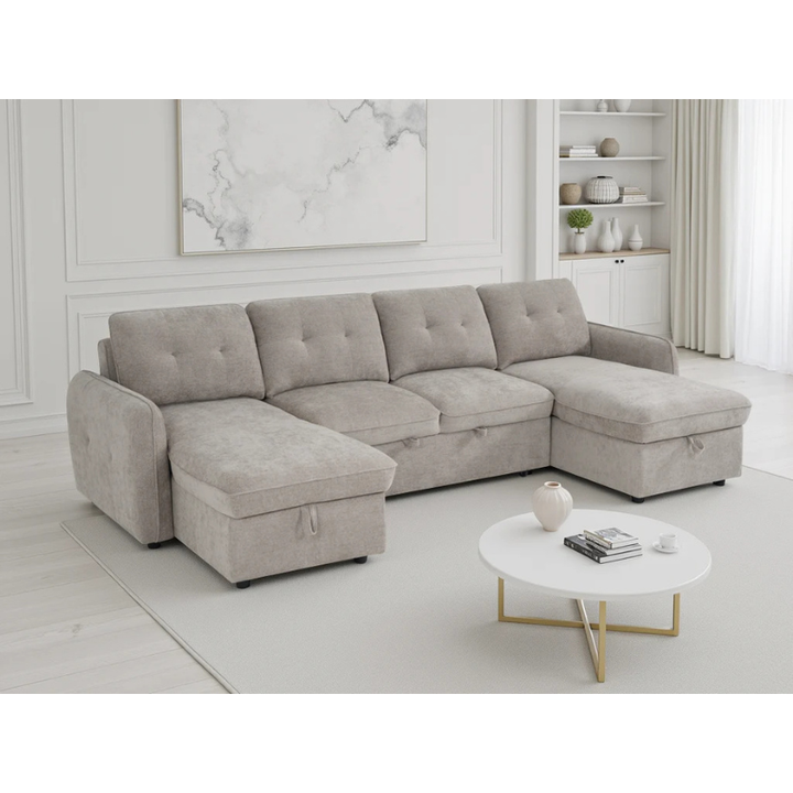 Moscow Beige U Shape Sofa Bed – Large Corner Sofa with Storage & Pull Out Bed