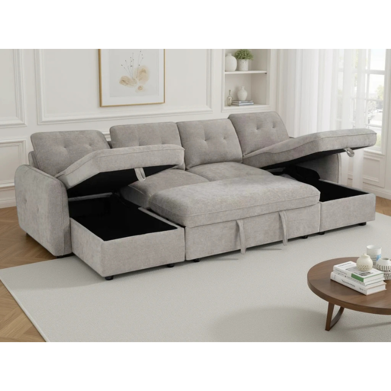 Moscow Beige U Shape Sofa Bed – Large Corner Sofa with Storage & Pull Out Bed