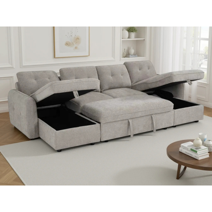 Moscow Beige U Shape Sofa Bed – Large Corner Sofa with Storage & Pull Out Bed