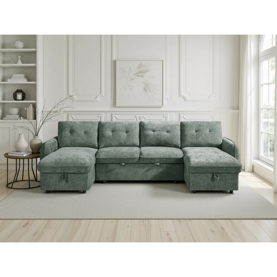 Moscow Beige U Shape Sofa Bed – Large Corner Sofa with Storage & Pull Out Bed