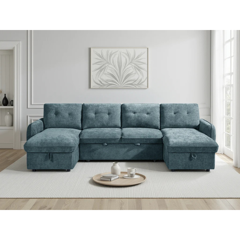 Moscow Blue U Shape Sofa Bed – Large Corner Sofa with Storage & Pull Out Bed