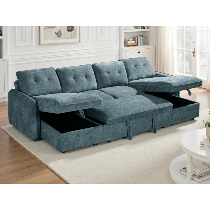 Moscow Blue U Shape Sofa Bed – Large Corner Sofa with Storage & Pull Out Bed