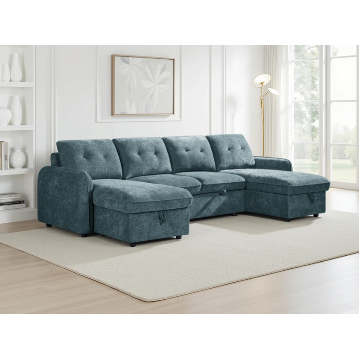 Moscow Blue U Shape Sofa Bed – Large Corner Sofa with Storage & Pull Out Bed