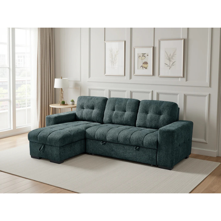 Palermo Teal Corner Sofa Bed – Universal Fabric Sofa with Pull Out Bed & Storage