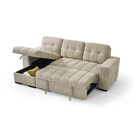 Palermo Beige Corner Sofa Bed – Universal Fabric Sofa with Pull Out Bed & Storage