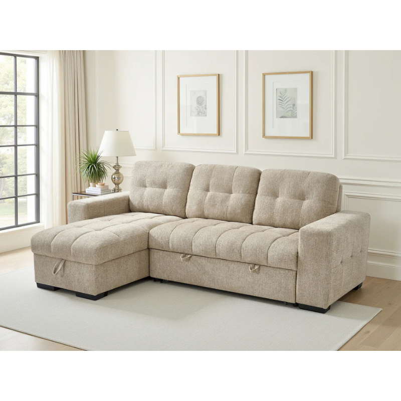 Palermo Beige Corner Sofa Bed – Universal Fabric Sofa with Pull Out Bed & Storage