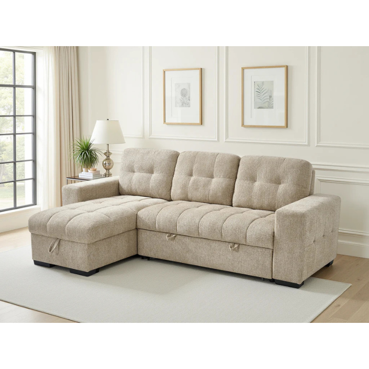 Palermo Beige Corner Sofa Bed – Universal Fabric Sofa with Pull Out Bed & Storage