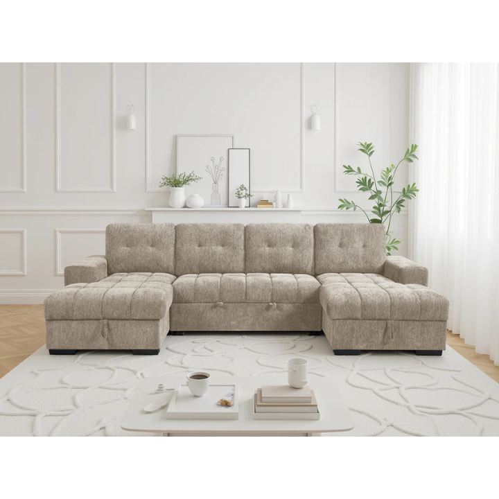 Palermo Beige U Shape Sofa Bed – Large Corner Sofa with Storage & Pull Out Bed