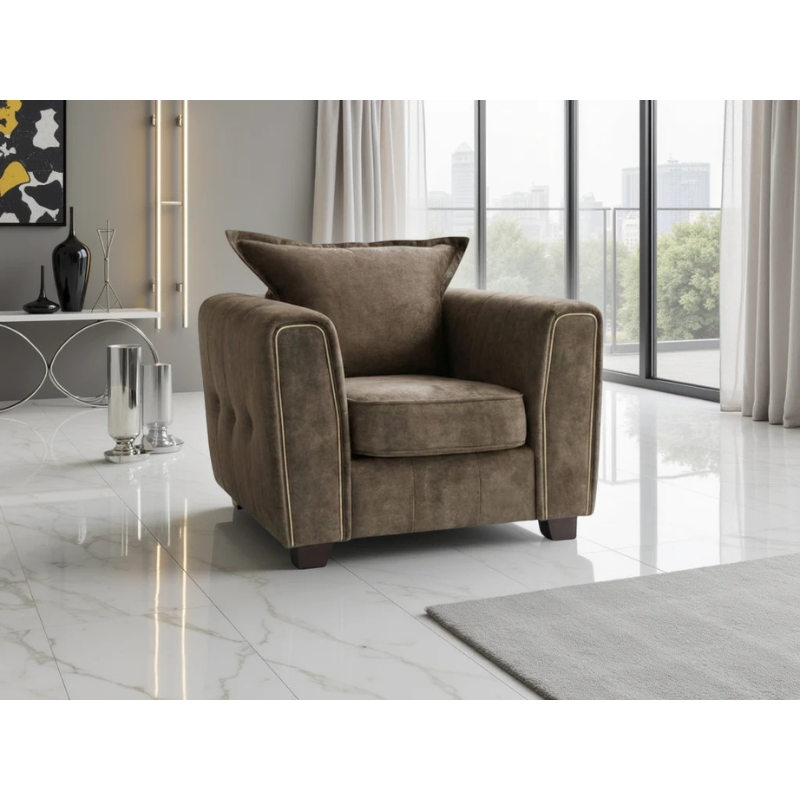 Serena Brown Armchair – Fabric Accent Chair with Metal Trim, Quilted Design & Wooden Feet