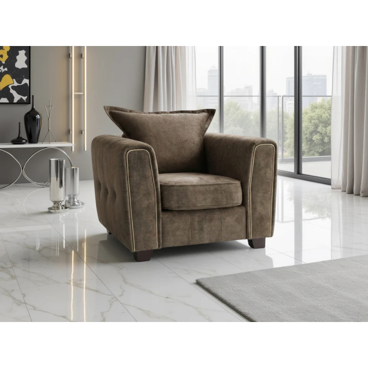 Serena Brown Armchair – Fabric Accent Chair with Metal Trim, Quilted Design & Wooden Feet