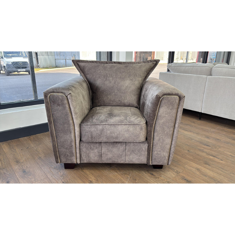 Serena Brown Armchair – Fabric Accent Chair with Metal Trim, Quilted Design & Wooden Feet