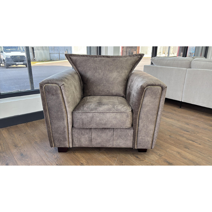 Serena Brown Armchair – Fabric Accent Chair with Metal Trim, Quilted Design & Wooden Feet
