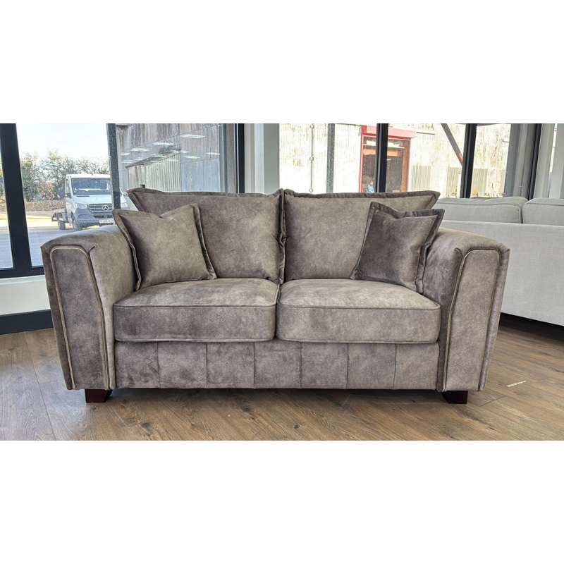 Serena Brown Sofa 2 Seater – Fabric Couch with Metal Trim, Quilted Design & Wooden Feet