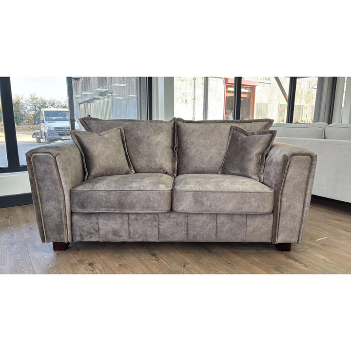 Serena Brown Sofa 2 Seater – Fabric Couch with Metal Trim, Quilted Design & Wooden Feet
