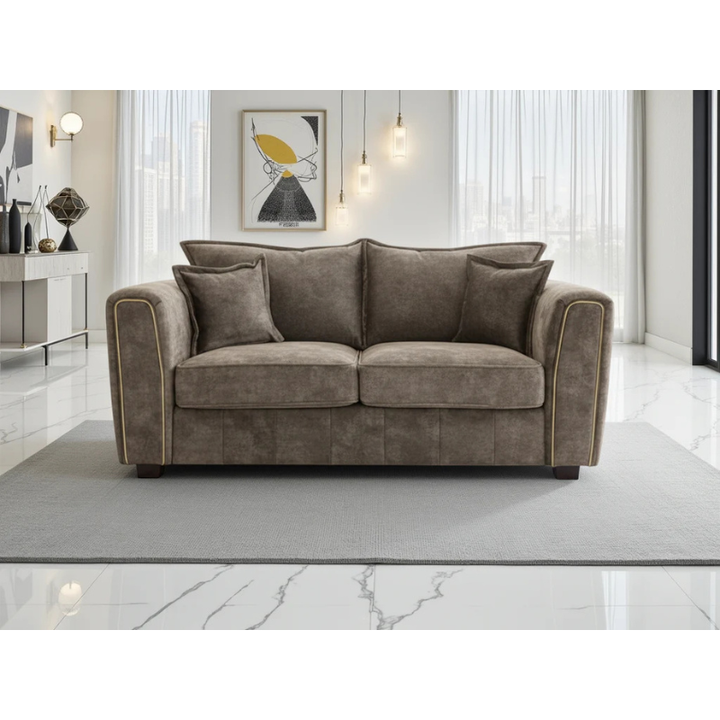 Serena Brown Sofa 2 Seater – Fabric Couch with Metal Trim, Quilted Design & Wooden Feet