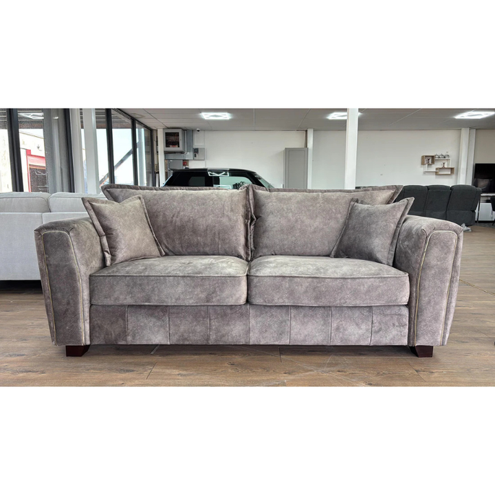 Serena Brown Sofa 3 Seater – Fabric Couch with Metal Trim, Quilted Design & Wooden Feet