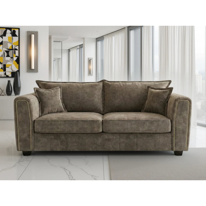 Serena Brown Sofa 3 Seater – Fabric Couch with Metal Trim, Quilted Design & Wooden Feet
