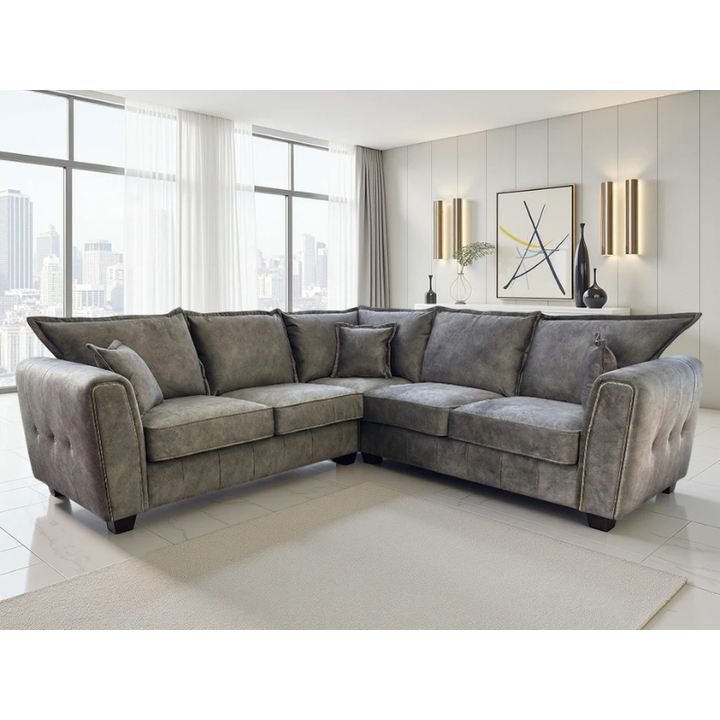 Serena Brown Large Corner Sofa – Fabric Corner Couch with Metal Trim, Quilted Design & Wooden Feet