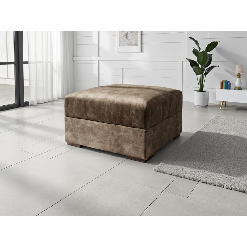 Serena Brown Footstool – Fabric Ottoman with Quilted Design, Metal Trim & Wooden Feet