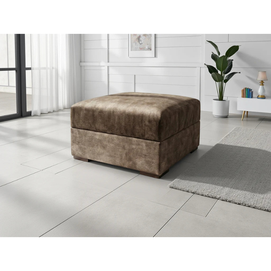 Serena Brown Footstool – Fabric Ottoman with Quilted Design, Metal Trim & Wooden Feet