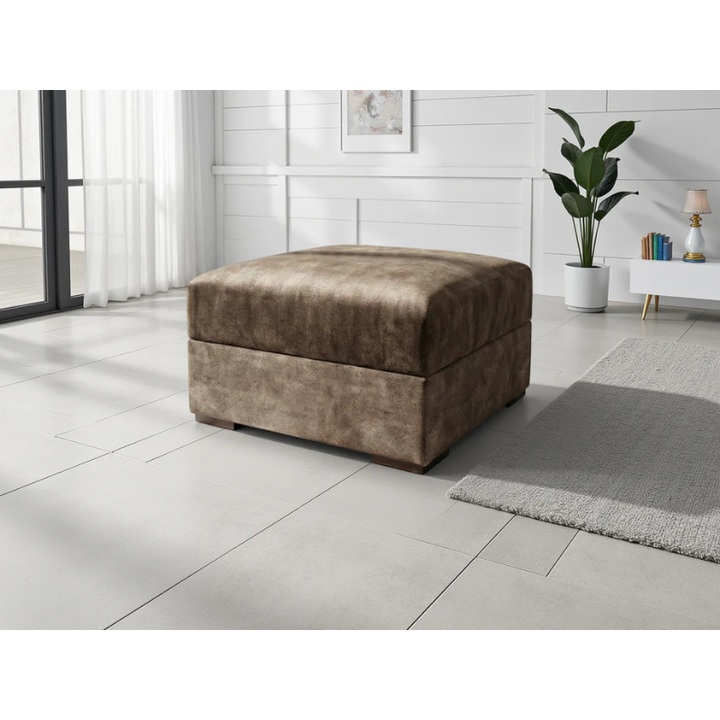 Serena Brown Footstool – Fabric Ottoman with Quilted Design, Metal Trim & Wooden Feet