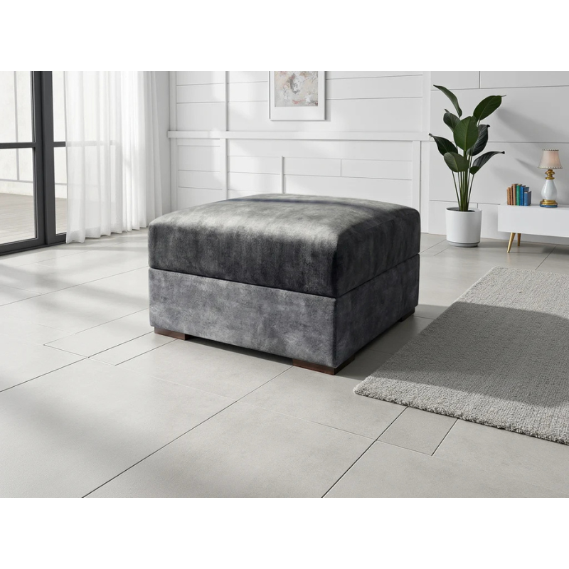 Serena Black Footstool – Fabric Ottoman with Quilted Design, Metal Trim & Wooden Feet