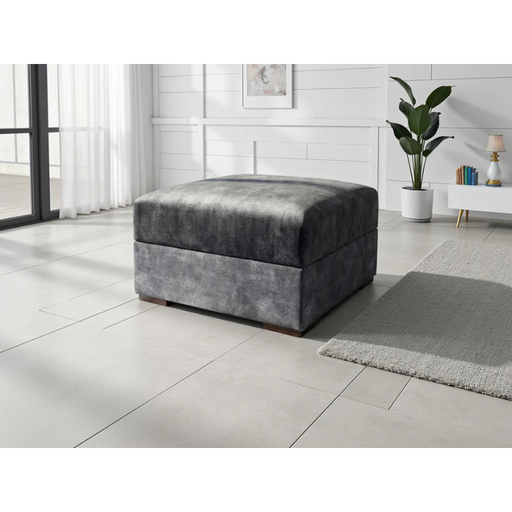 Serena Black Footstool – Fabric Ottoman with Quilted Design, Metal Trim & Wooden Feet