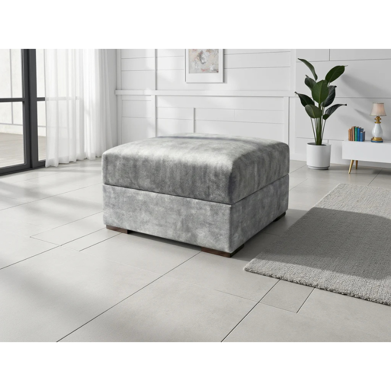 Serena Grey Footstool – Fabric Ottoman with Quilted Design, Metal Trim & Wooden Feet